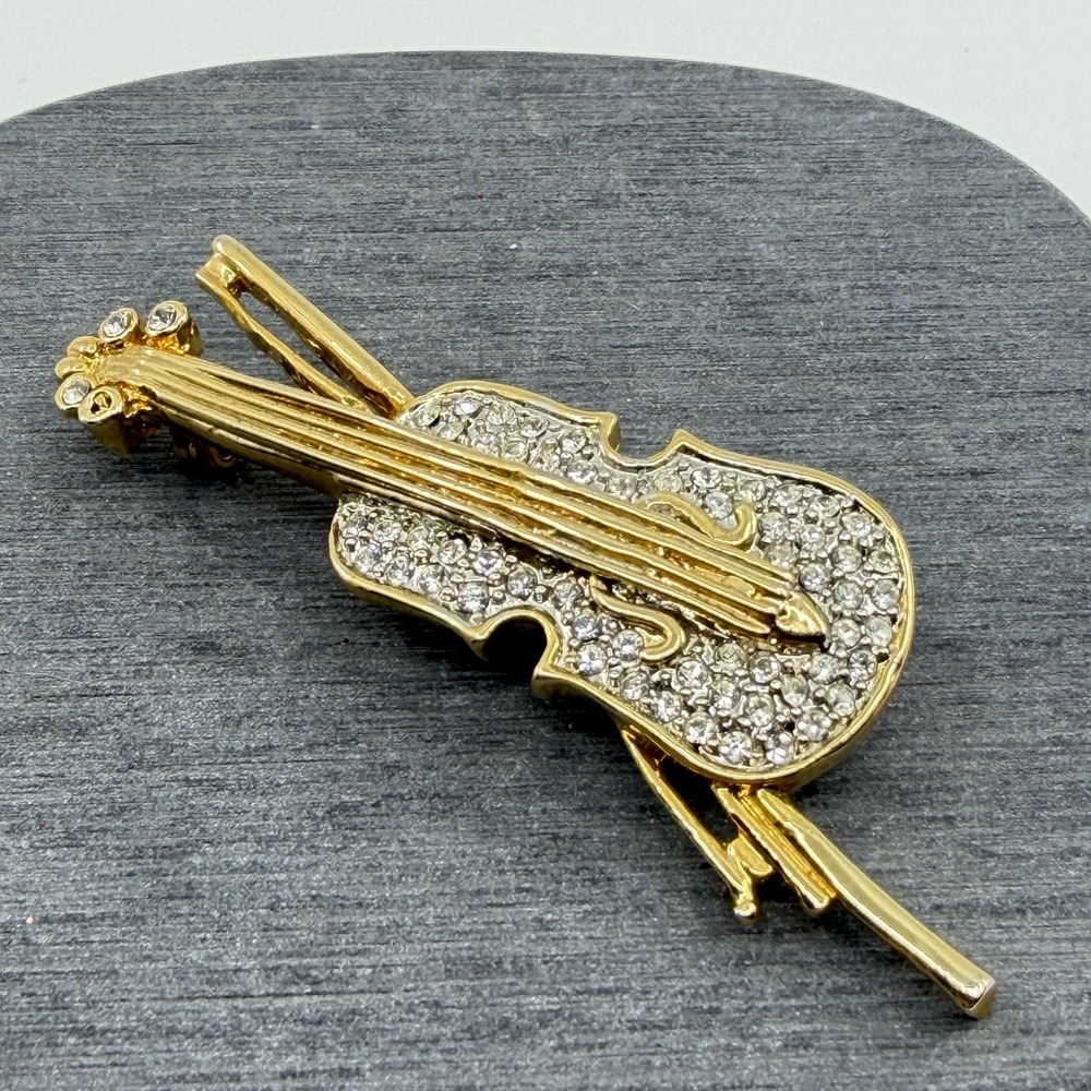 Gold Tone Rhinestone Violin Bow Brooch Pin Musician Orchestra Statement Gift